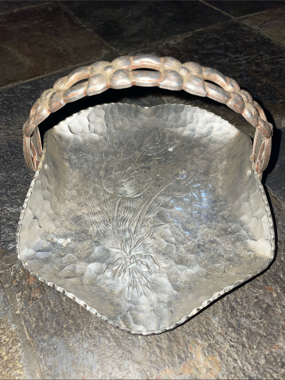 Hand-Hammered Floral Metal Basket with Decorative Handle